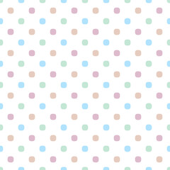Colorful polka dot pattern cute round shapes motif continuous vector background. Modern decoration fabric design textile swatch, easy to recolor allover print block. Pastel pink, blue, green, yellow.