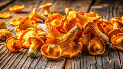 Fototapeta premium Panoramic Closeup of Chanterelle Mushrooms on Rustic Wooden Table - Gourmet Food Photography