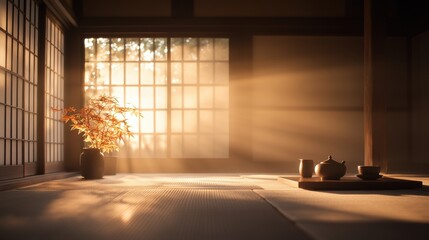 A traditional Japanese tea ceremony set up in a quiet room.