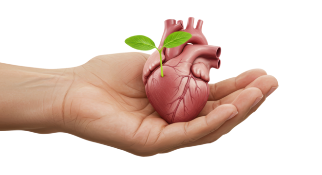 Isolated Hand Holding Anatomical Heart with Sprouting Green Plant