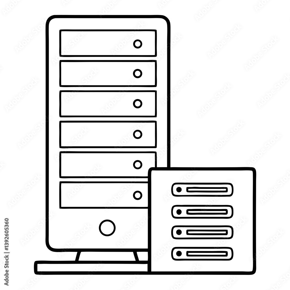 Poster Server Rack Computer Coloring Book Page – Line Art Outline Drawing for Technology and Electronics Illustration
