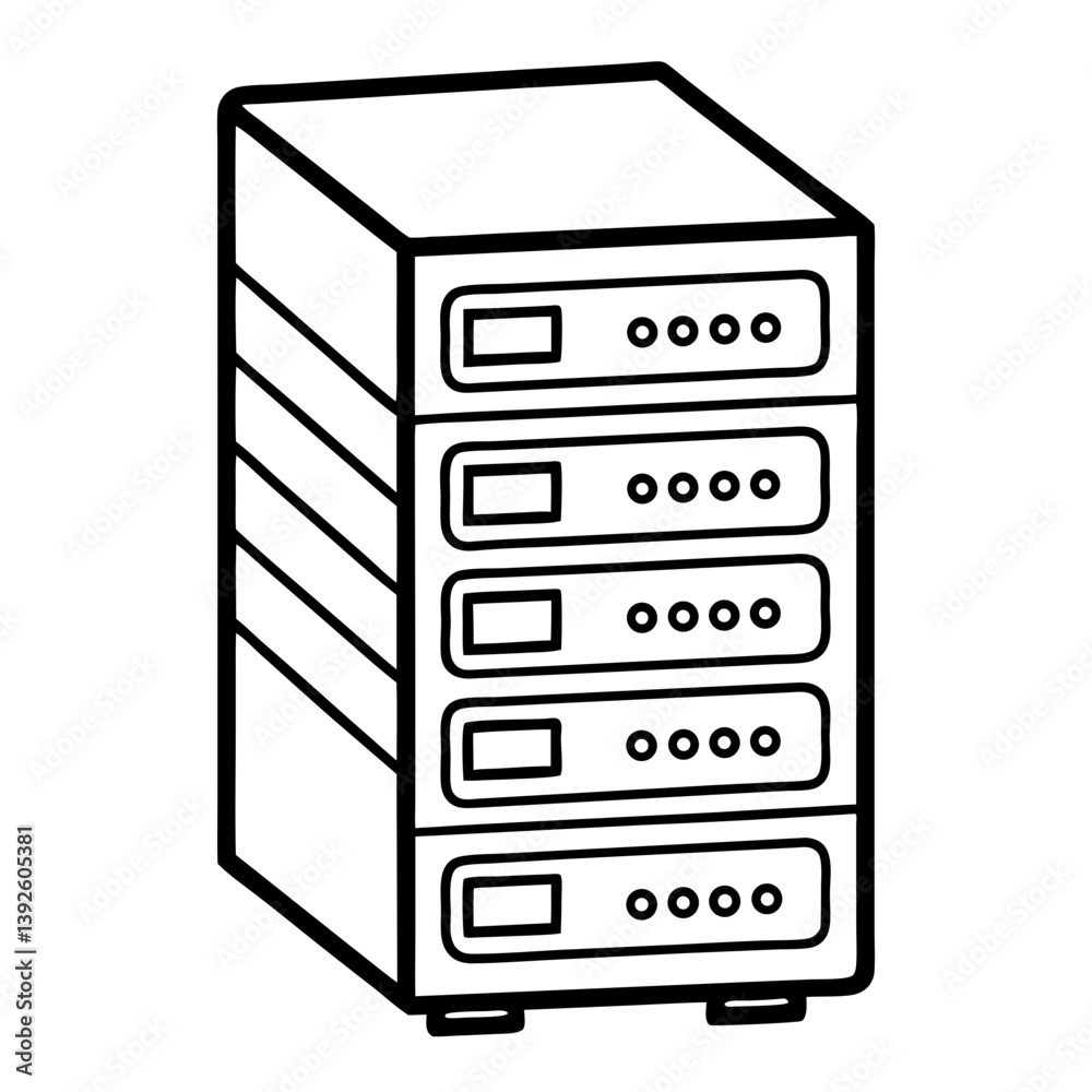 Aufkleber Server Rack Computer Coloring Book Page – Line Art Outline Drawing for Technology and Electronics Illustration