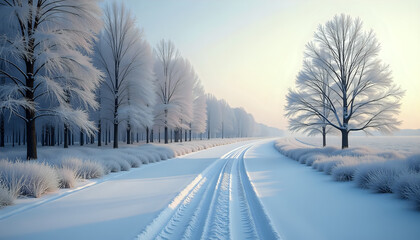 Obraz premium Winter Wonderland Road Through Snowy Forest