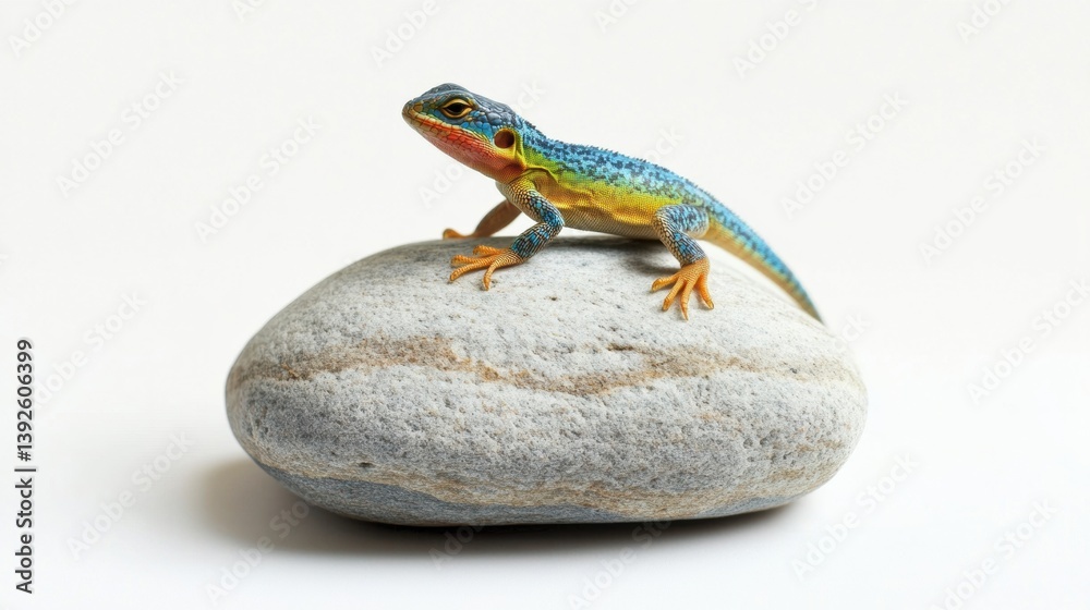 Poster Colorful lizard resting on textured rock with a white background and drop shadow for added depth in a serene environment