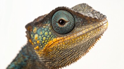 Fototapeta premium A vibrant, close-up portrait of a chameleon’s head, showcasing its textured skin and striking blue eye. Detailed scales and colorful patterns are visible