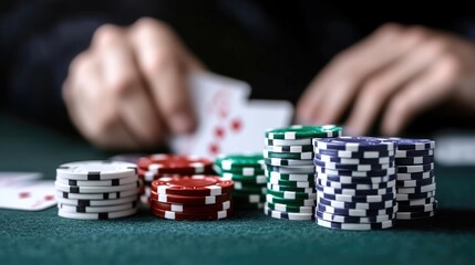 Naklejka premium Close-up of poker hands and chips on a green felt table