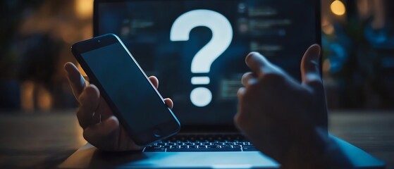 Hands using a smartphone and laptop at a desktop with a blurry abstract question mark interface, symbolizing problemsolving and FAQs, double exposure concept