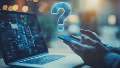 Hands using a smartphone and laptop at a desktop with a blurry abstract question mark interface, symbolizing problemsolving and FAQs, double exposure concept