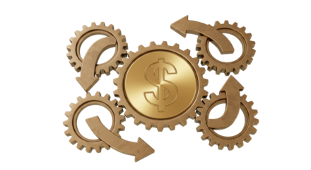 Isolated Golden Gears with Arrow Depicting Money Management Systems
