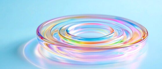 Fototapeta premium Closeup of glass spiral in motion, colorful swirls and light trails, vibrant multicolored vortex, laser light patterns on a smooth light blue backdrop