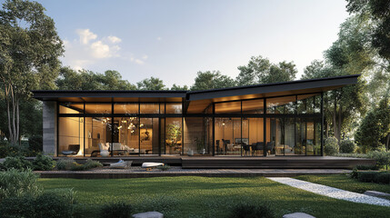 Obraz premium Modern modular house with open plan layout and large windows