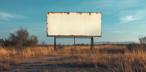 A large, blank white sign with rusted edges stands in the middle of an open field, surrounded by long