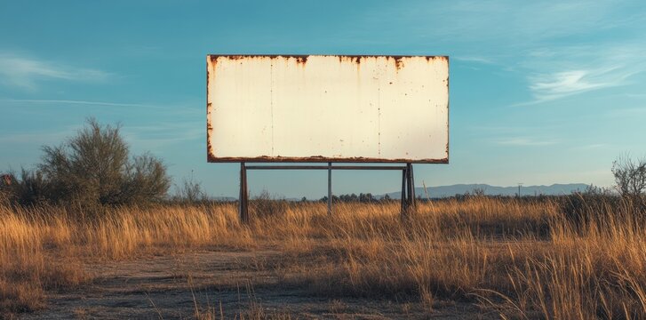 A large, blank white sign with rusted edges stands in the middle of an open field, surrounded by long