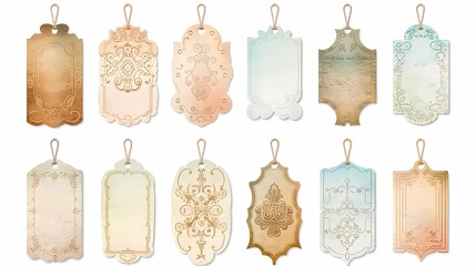 illustration, tags only one punched hole in each tag, variety of ornate shapes and sizes, isolated, vintage colors and fancy shapes on white background, Generative AI illustrations.