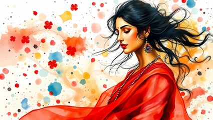 Fototapeta premium Watercolor portrait of a woman in red saree with colorful floral background