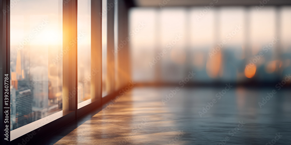 Poster Sunrise cityscape view through large window, showcasing empty floor space ideal for product placement or text overlay Mockup