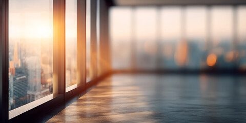 Fototapeta premium Sunrise cityscape view through large window, showcasing empty floor space ideal for product placement or text overlay Mockup