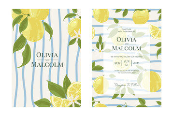 Summer Wedding Invitation with Lemons. Vector Template