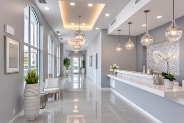 An apartment building lobby with concierge desk and luxury lighting