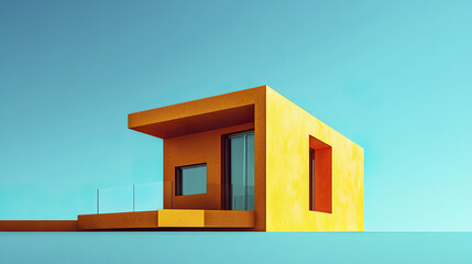 Stylized orange miniature house with smooth textures against blue sky