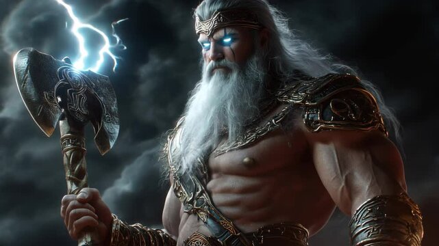 Powerful portrait of perun, slavic god of thunder, with glowing eyes and a massive stone axe.

