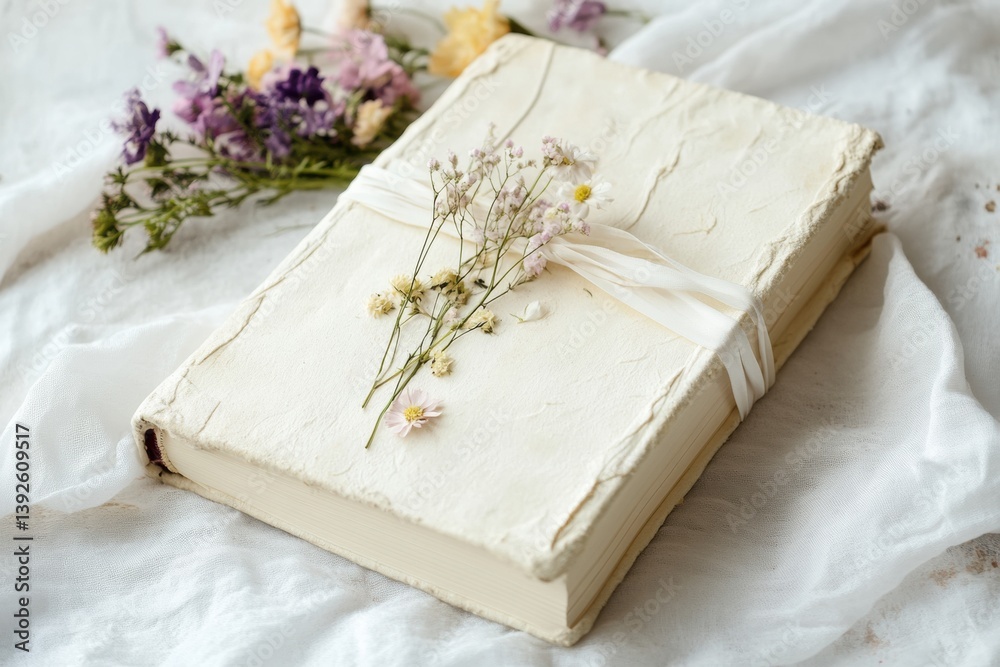 Poster cream colored journal adorned with pressed flowers and ribbon in soft natural light on a delicate fa