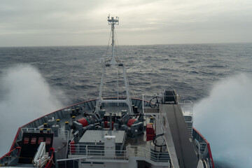 View to the ocean from the icebreaker. Antarctica, Southern Ocean. Scientific activities on the icebreaker ship. Drake passage.