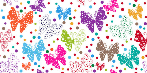 Vector colorful simple seamless floral pattern with butterflies and dots on a transparent background. For textile, wallpaper and packaging