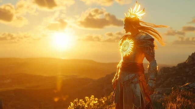 Dazhbog the radiant slavic sun god illuminating the dawn with divine aura and solar symbols

