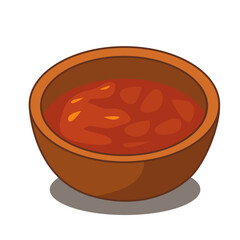 cartoon illustration of red soup with wooden bowl