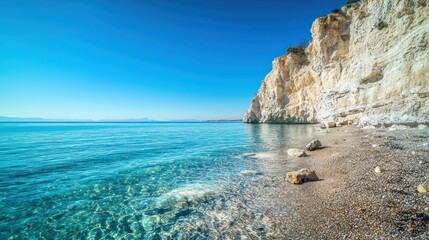 Fototapeta premium White cliffs bordering a peaceful sea under a cloudless blue sky.