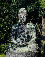 Buddha statue at Senso-ji Temple in Tokyo, Japan, sits in quiet meditation, surrounded by lush greenery. Shadows from the trees create a serene and spiritual atmosphere