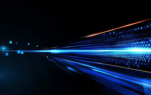 Vectorstyle futuristic background featuring glowing blue hexagon grid pattern, black background, and dynamic neon blue light effects