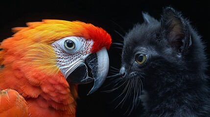 Fototapeta premium Striking Portraits of a Colorful Scarlet Macaw and an Enigmatic Black Cat Close-Up