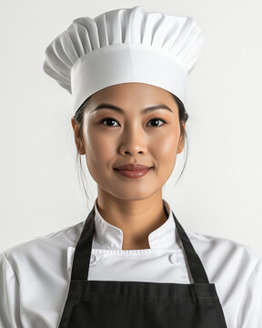 Close up of a professional portrait of an young Asian female chef in a white uniform, wearing the classic tall hat and apron against plain white background. Minimalism