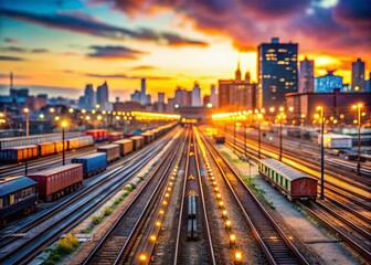 Fototapeta premium Panoramic View of the Long Island Rail Road Atlantic Yard An EastFacing Perspective Capturing Bokeh and Railroad