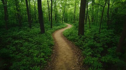 Obraz premium Winding forest path, lush greenery, nature trail
