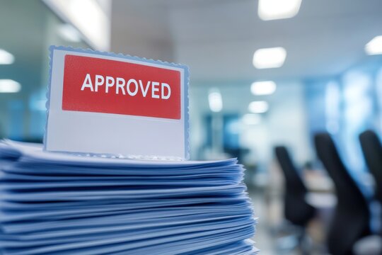 a stack of documents with the word "APPROVED", A red stamp on top that says acceptable