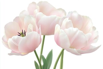 Fototapeta premium Pink Tulips, Bouquet, Floral, Spring Flowers, Bloom, Petals, Stems, Leaves, White Background, Nature