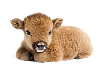 a baby calf laying down on a white surface
