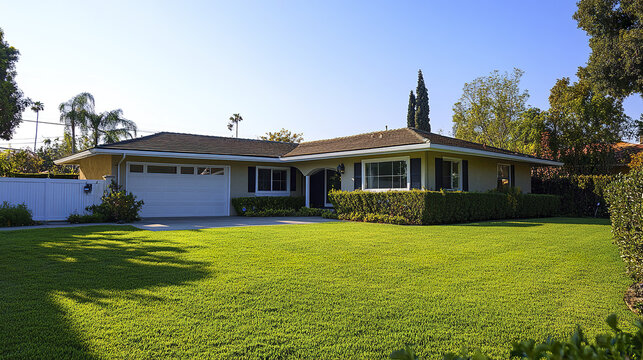 Sunlit house with attached garage and vibrant green lawn