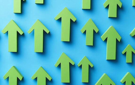 Series of green arrows pointing upwards on a blue background, spaced evenly and connected, representing upward growth, success, and development