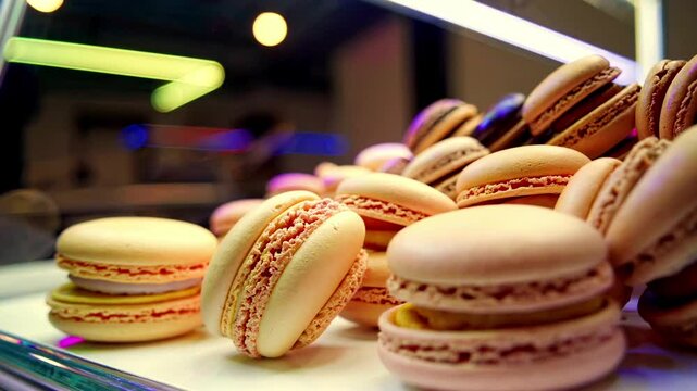 Display of pink and white macarons. Macarons are arranged in way that they look like they are sitting on top of each other
