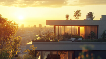 Modern residence with rooftop garden at sunset, city skyline view