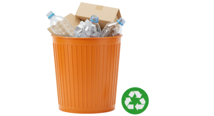 Isolated Orange Trash Can Full of Plastic Bottles and Recycle Symbol