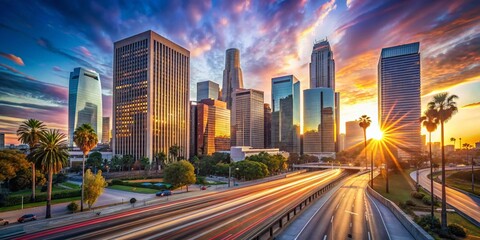 Fototapeta premium Stunning Long Exposure of the Los Angeles Downtown Skyline on a Sunny Day A Breathtaking Architectural Masterpiece