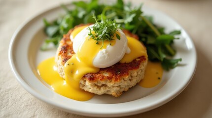 Delicious brunch featuring a savory cake topped with poached egg and rich hollandaise sauce, plated beautifully with fresh greens
