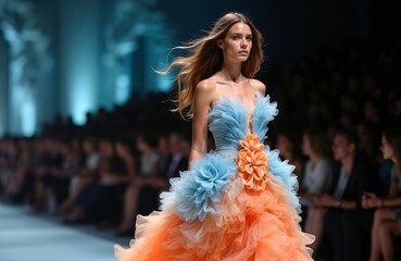 Model walks runway designer dress fashion show. Female model in orange blue gown. Fashion week event. Haute couture, glamour, elegance, style, trendy outfit at catwalk.