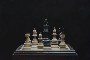 Black and white chess pieces on wooden board with dark background