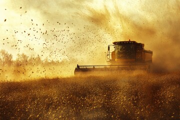Fototapeta premium Harvester Working in Dusty Field During Golden Hour Sunset